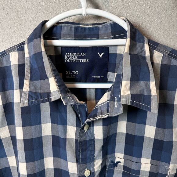 AE Mens Button Up Shirt XL Blue/White Checkered Collared Long Sleeve Vintage Fit - Picture 3 of 5